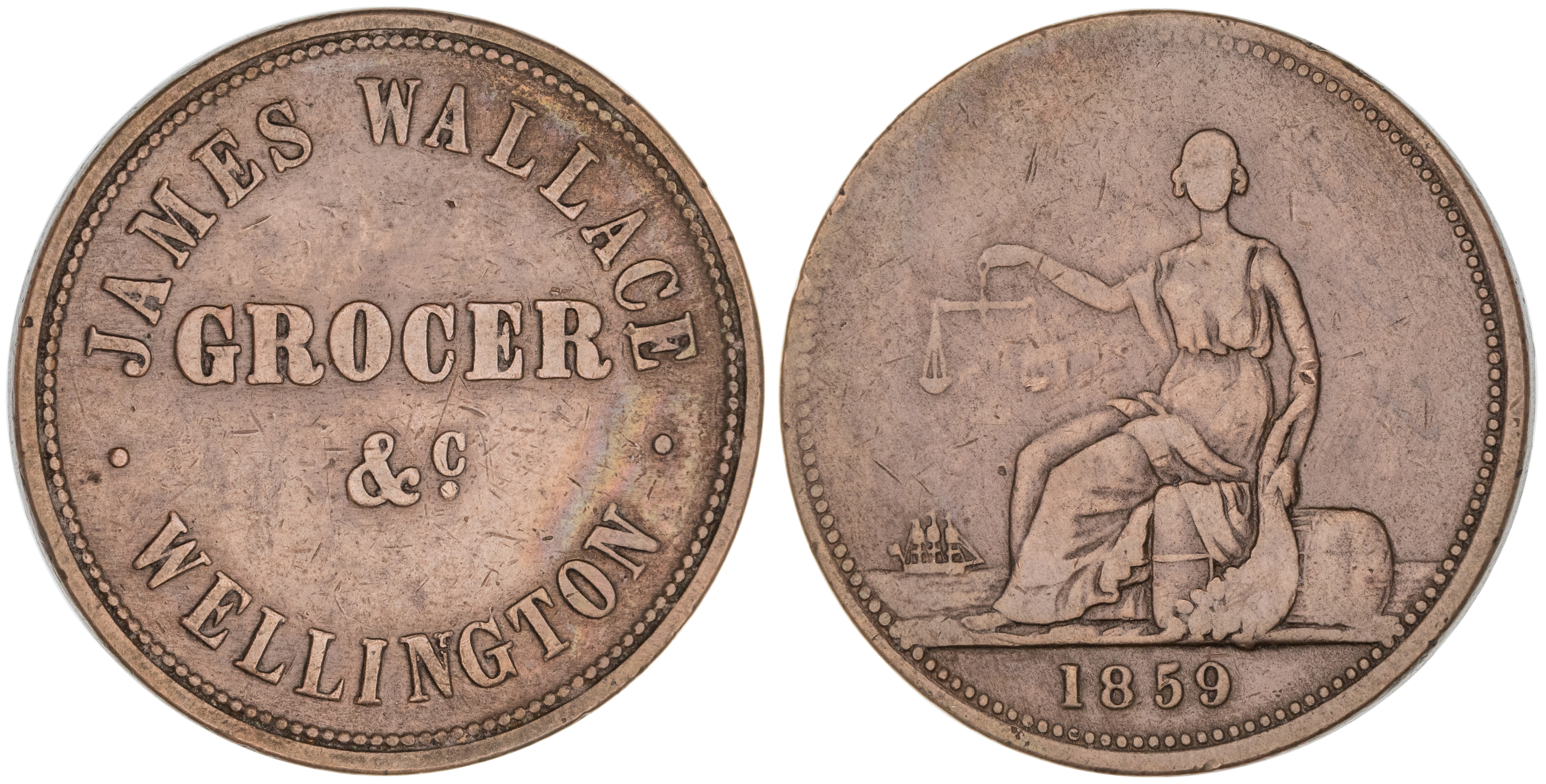 Wellington, New Zealand, James Wallace, Penny, 1859, VF