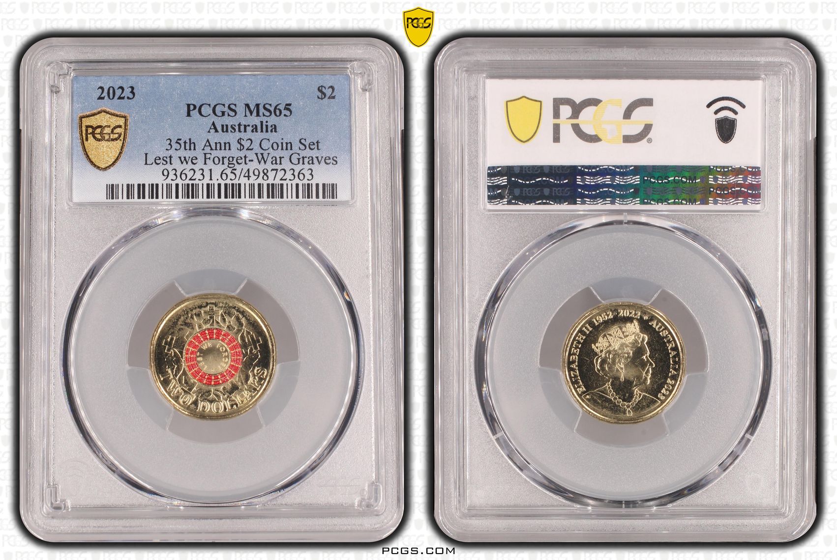 35th Ann $2 Coin Set Colourised Lest We Forget-War Graves, Two Dollar, 2023, PCGS MS65