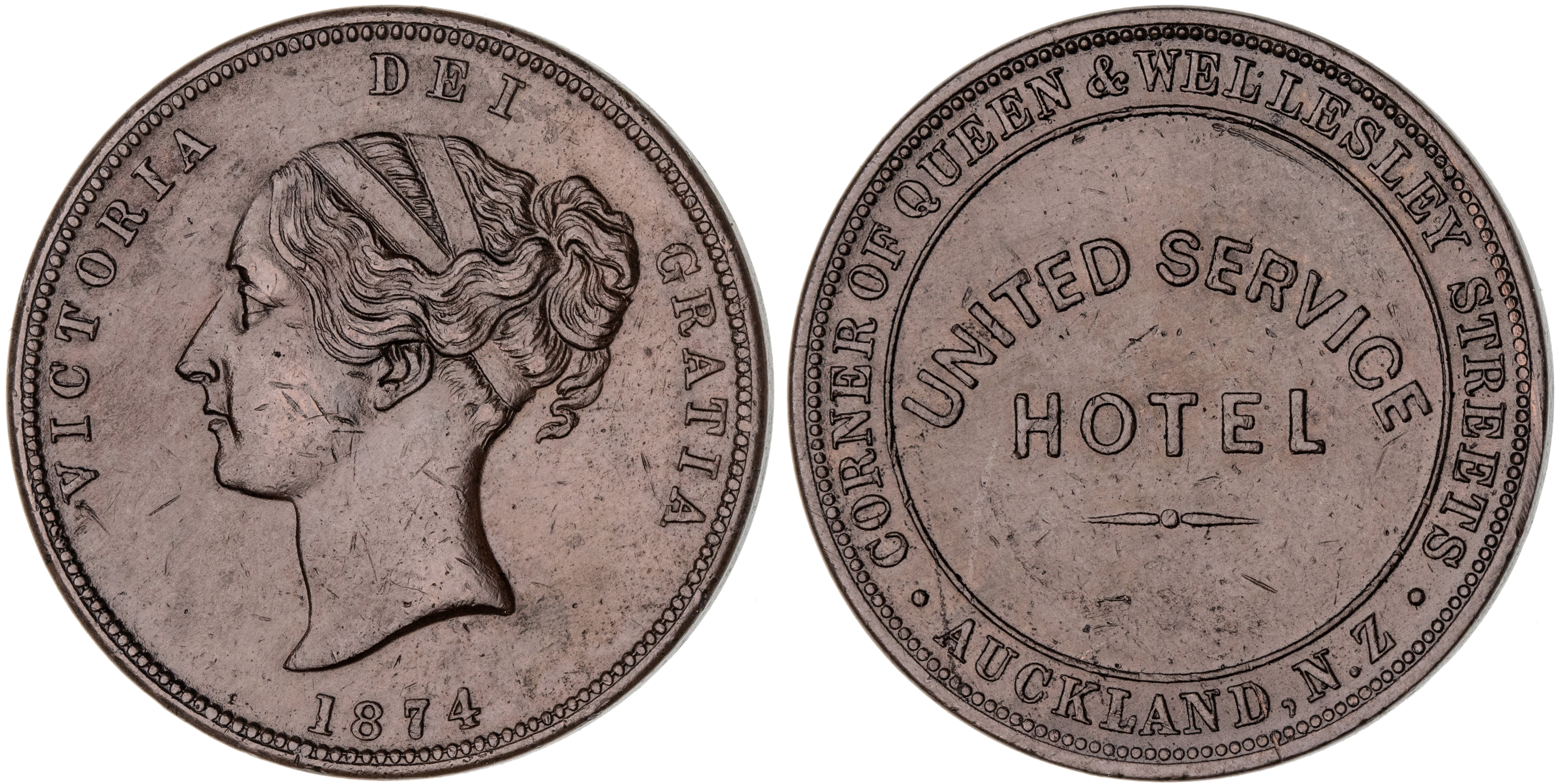 Auckland, New Zealand, United Service Hotel, Penny, 1874, EF