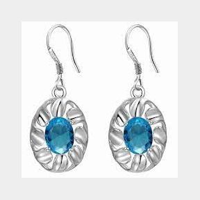 Silver Designer Dangle Oval Earrings with Aquamarine Stone-50582/12961 B5 S6 (SB 4)