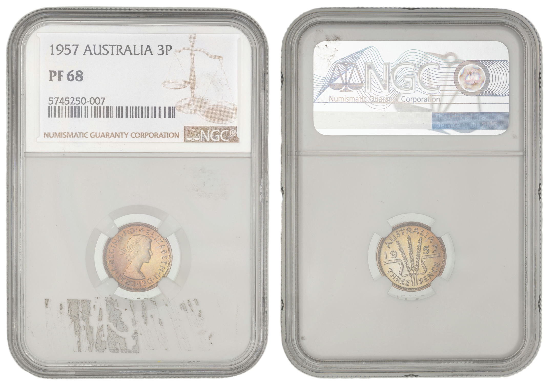 Elizabeth II, Threepence, 1957, NGC PF68