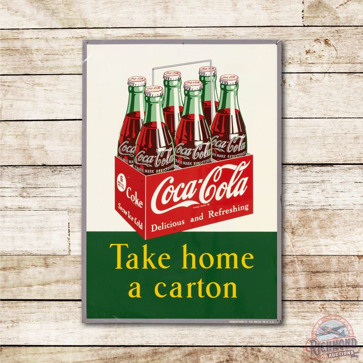1950 Coca Cola Take Home a Carton w/ 6 Pack Tin Sign