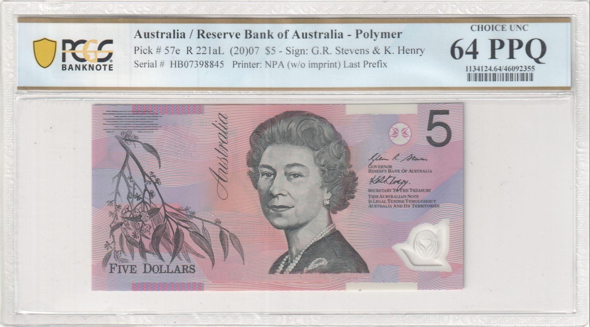 140 · RBA, Polymer, NPA (w/o imprint), Sign: G.R. Stevens & K. Henry, Last Prefix, Five Dollar, 2007, PCGS - Choice UNC 64 PPQ