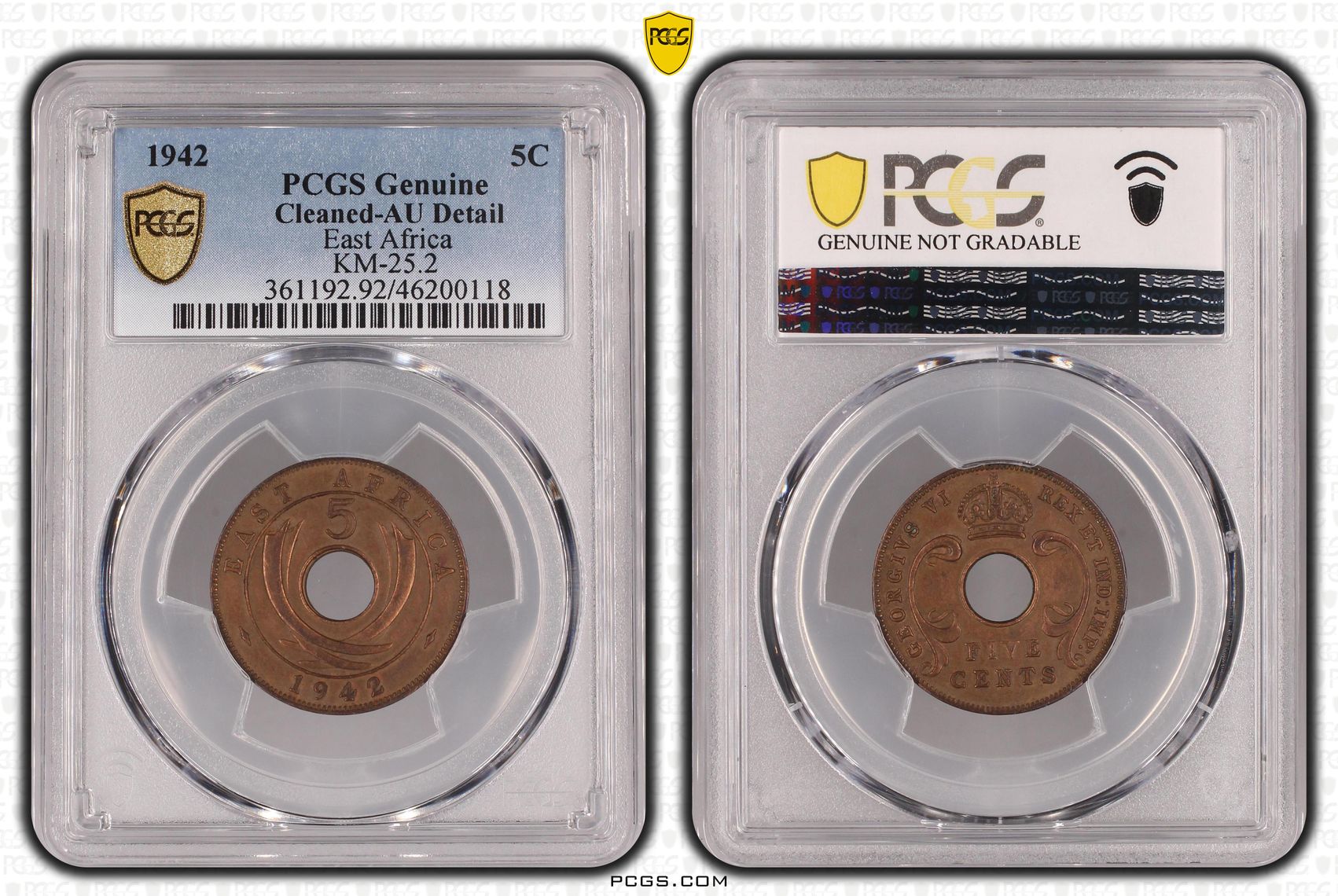 East Africa, Five Cent, 1942, PCGS Genuine - AU Details (92 - Cleaned)