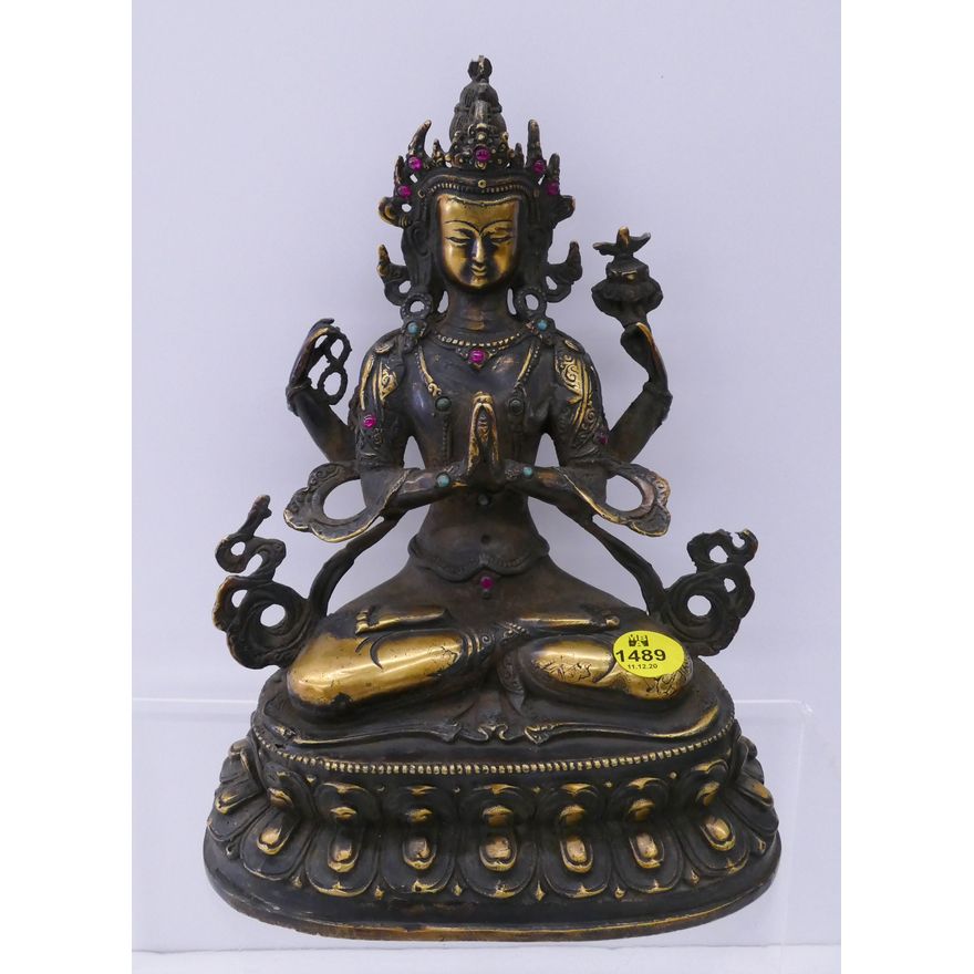 Tibetan Jeweled Bronze Seated Buddha- 9''