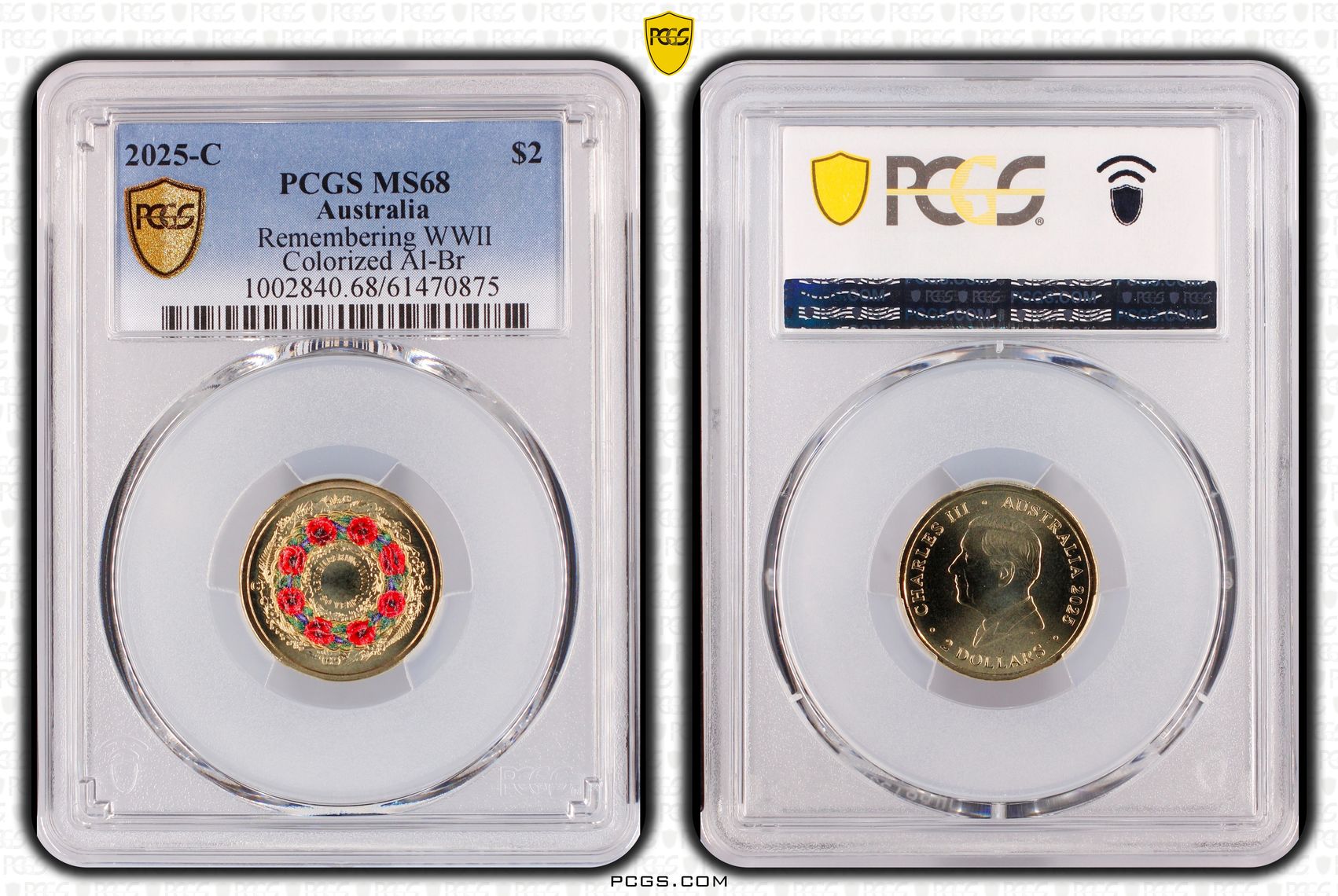 Remembering WWII Colourised AlBr, Two Dollar, 2025-C, PCGS MS68