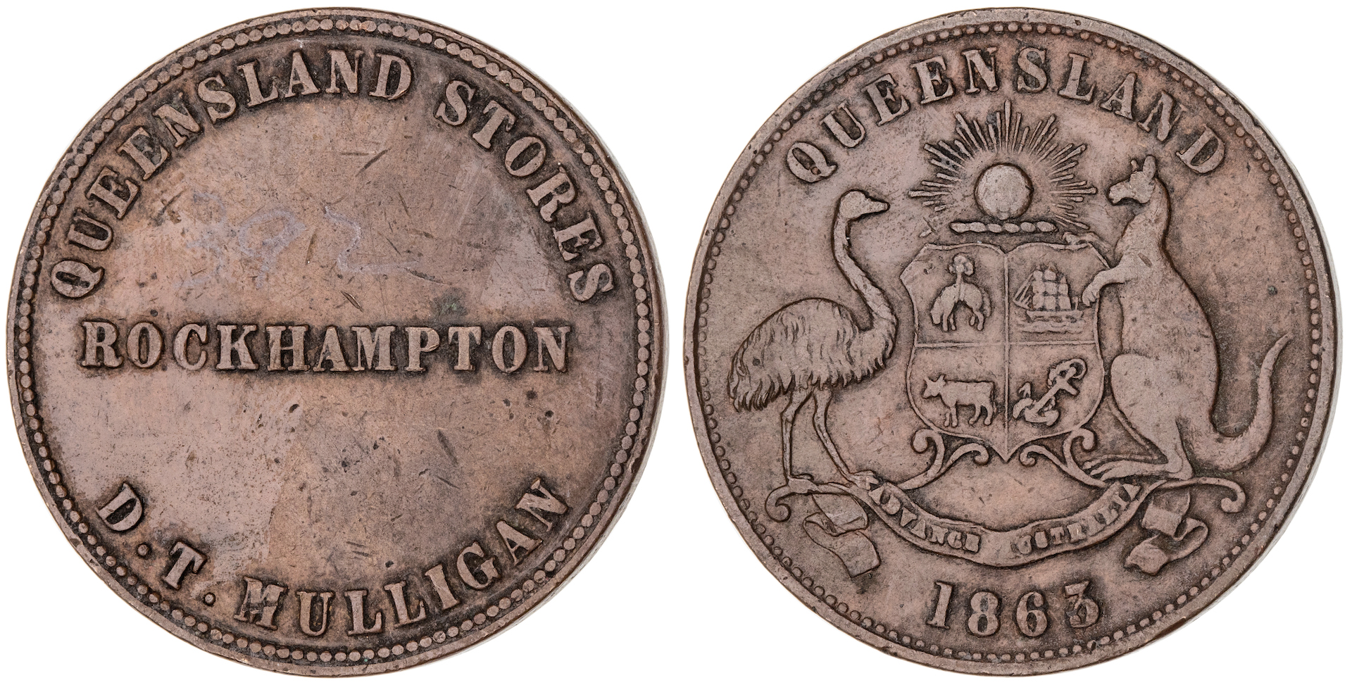 Rockhampton, Queensland, D. T. Mulligan, Penny, 1863, VF