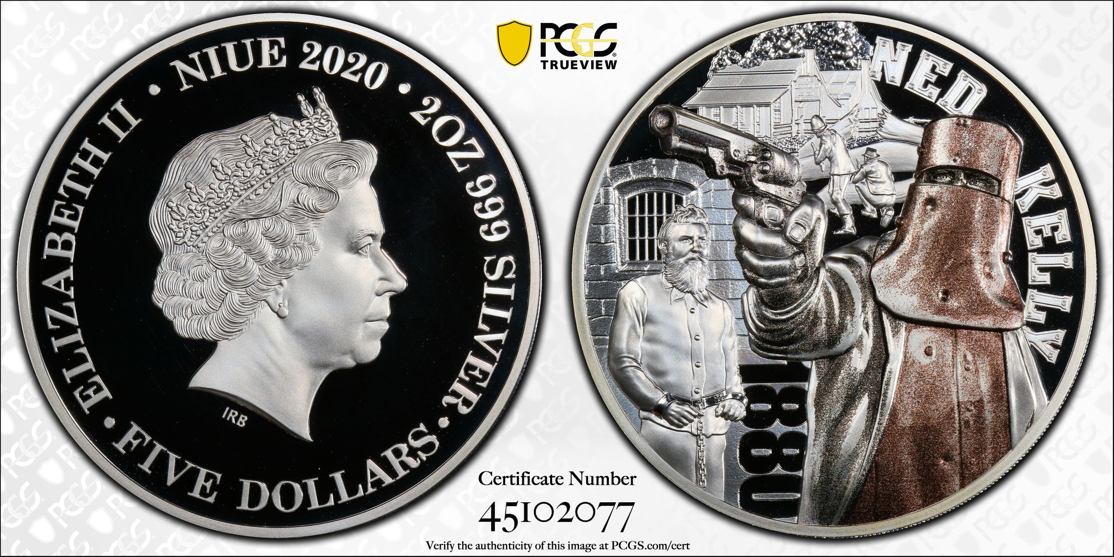 Niue, Ned Kelly 140th Ann. Ag POP 1/0, Five Dollar, 2020, PCGS PR70DCAM