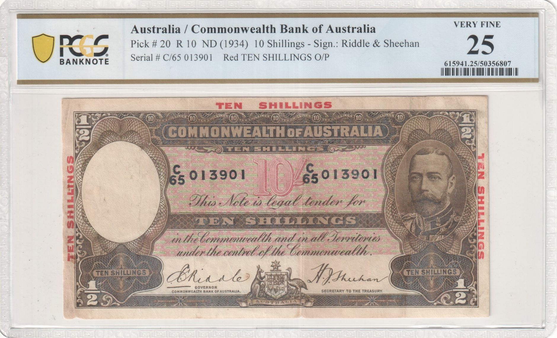 Riddle/Sheehan, Red TEN SHILLINGS Overprint, Ten Shillings, 1934, PCGS Very Fine 25