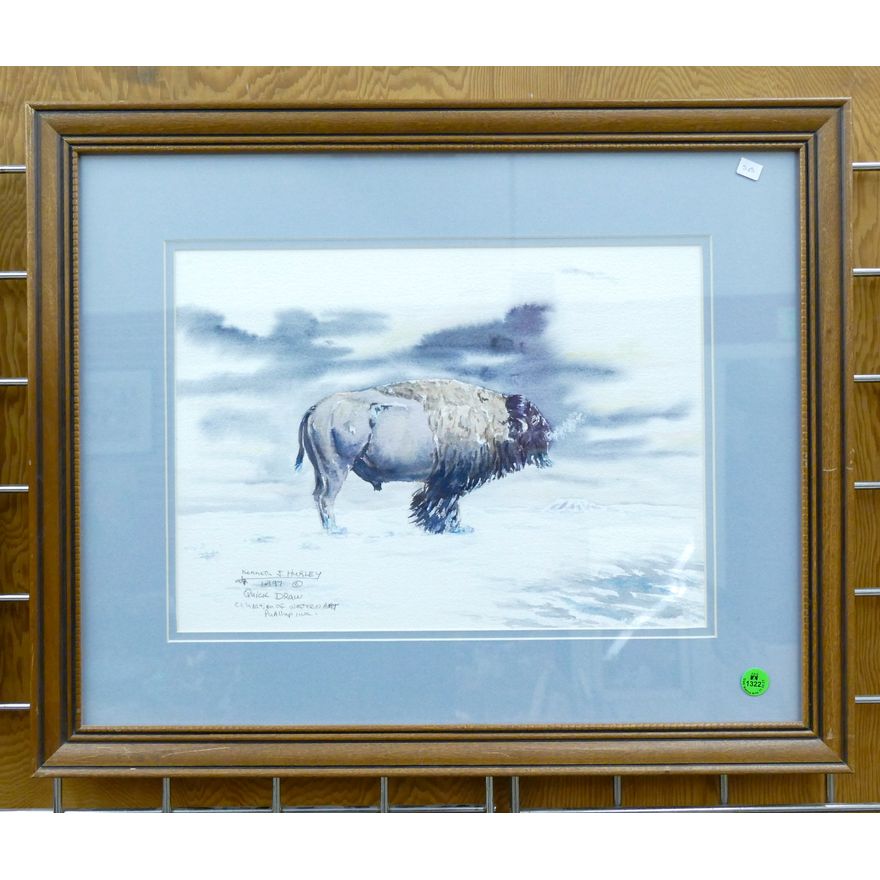 Kenneth Hurley ''Winter Buffalo'' 1997 Watercolor Framed 18''x22''