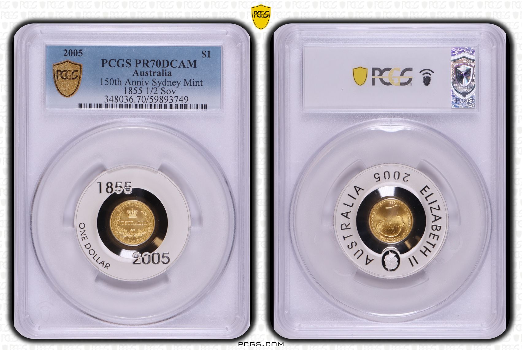 150th Anniv Sydney Mint 1855 1/2 Sov, POP 16/0, One Dollar, 2005, PCGS PR70DCAM