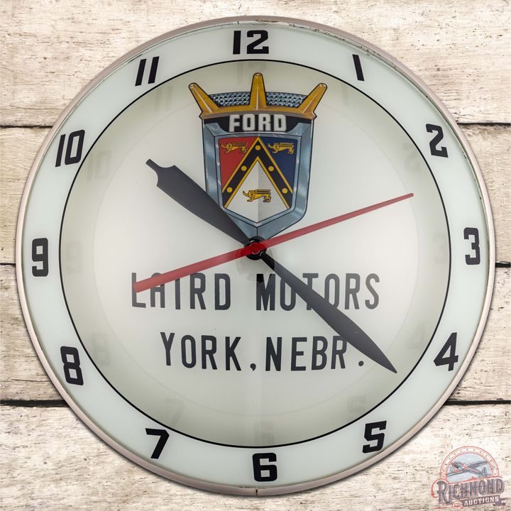 Ford Laird Motors York Nebraska 15" Double Bubble Advertising Clock w/ Crest Logo