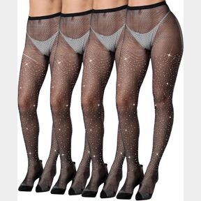 JAFINSY SPARKLE RHINESTONE FISHNET TIGHTS FOR WOMEN - SEXY HIGH WAIST MESH STOCKINGS FOR VALENTINES RAVE PARTY