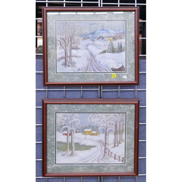 Pair Winter Scene Framed Pastel Paintings- 13x16''