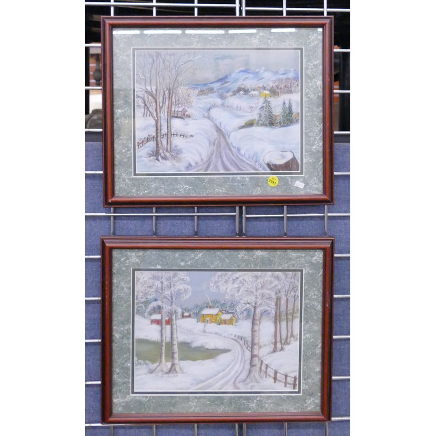 Pair Winter Scene Framed Pastel Paintings- 13x16''