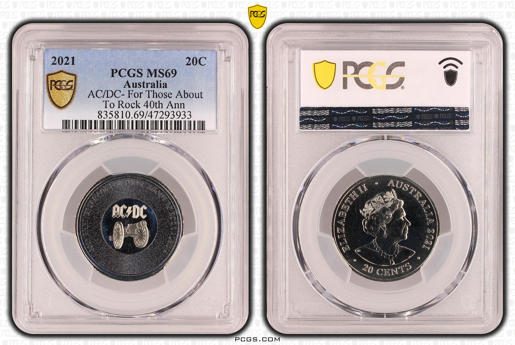 Elizabeth II, AC/DC- For Those About To Rock, Twenty Cent, 2021, PCGS MS69