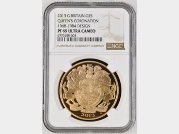2013 ELIZABETH II GOLD PROOF 5 POUND (1968-1984 ARNOLD MACHIN ) PF69 UCAM