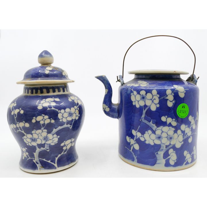2pc Old Chinese B&W Prunus Jar and Teapot 6'' Approx.