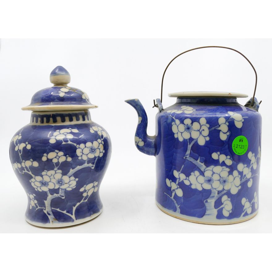 2pc Old Chinese B&W Prunus Jar and Teapot 6'' Approx.