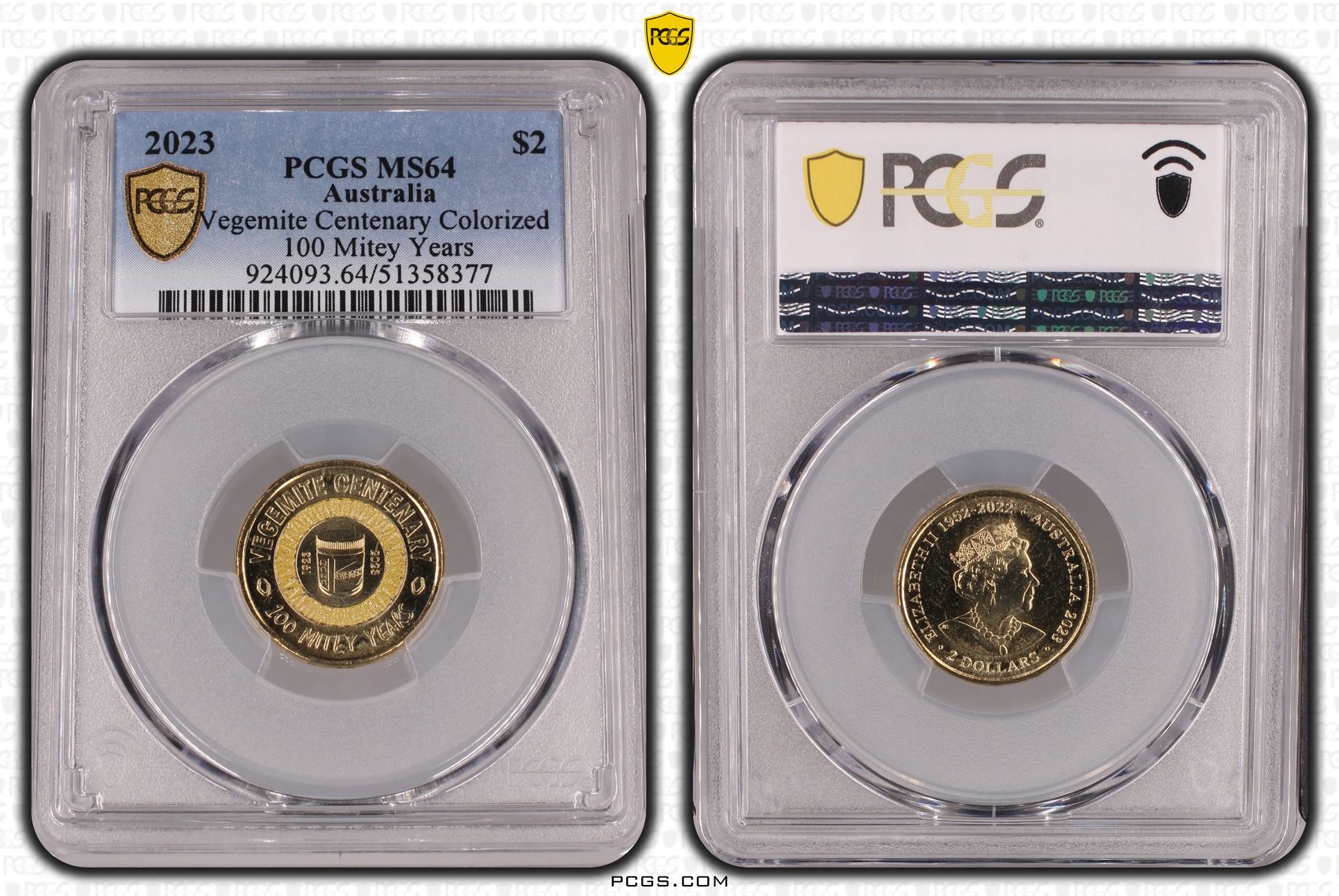 Vegemite Centenary Colorized 100 Mitey Years, Two Dollar, 2023, PCGS MS64