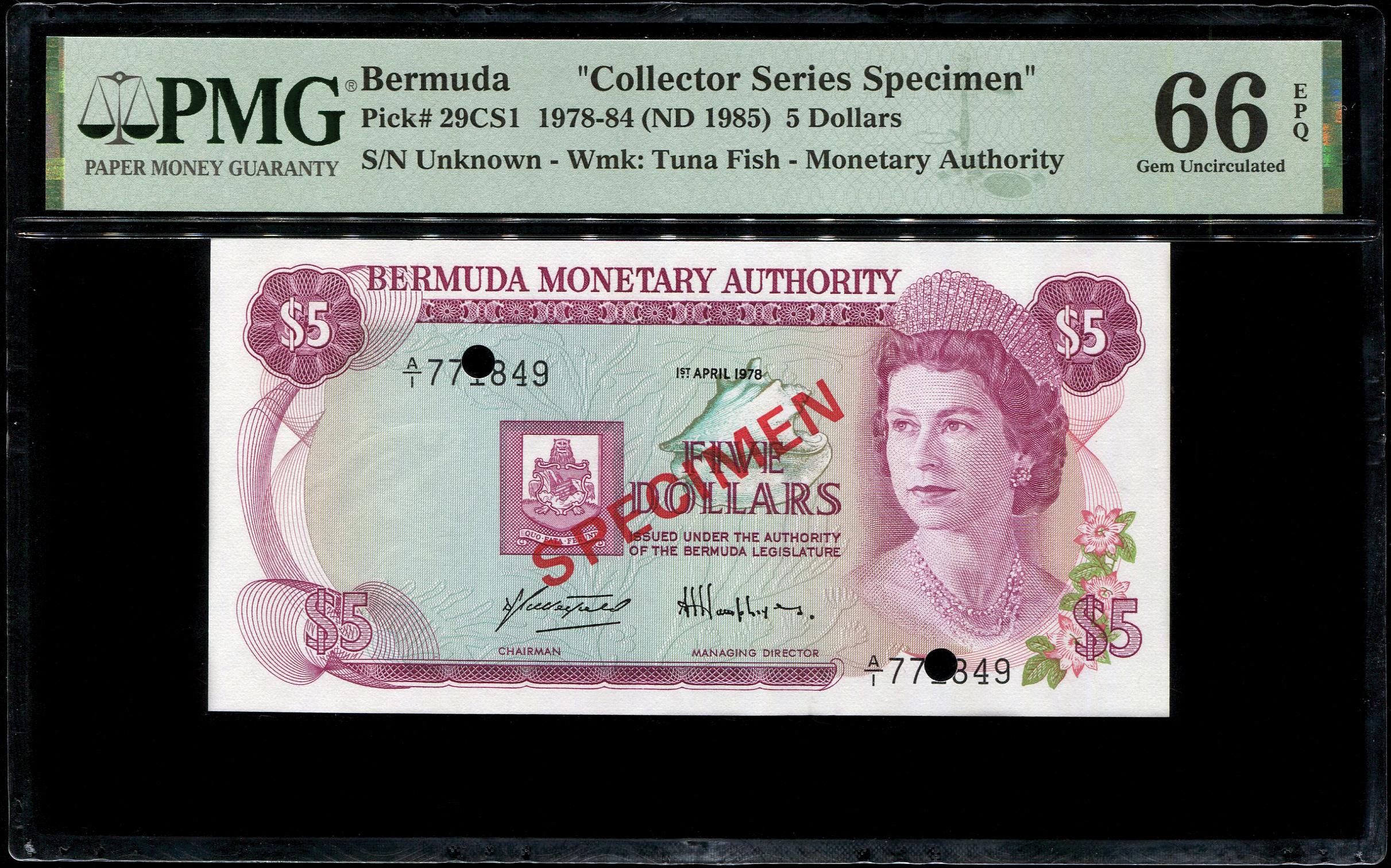 Bermuda, $5, 1978-84, Collector Series Specimen, PMG 66EPQ 