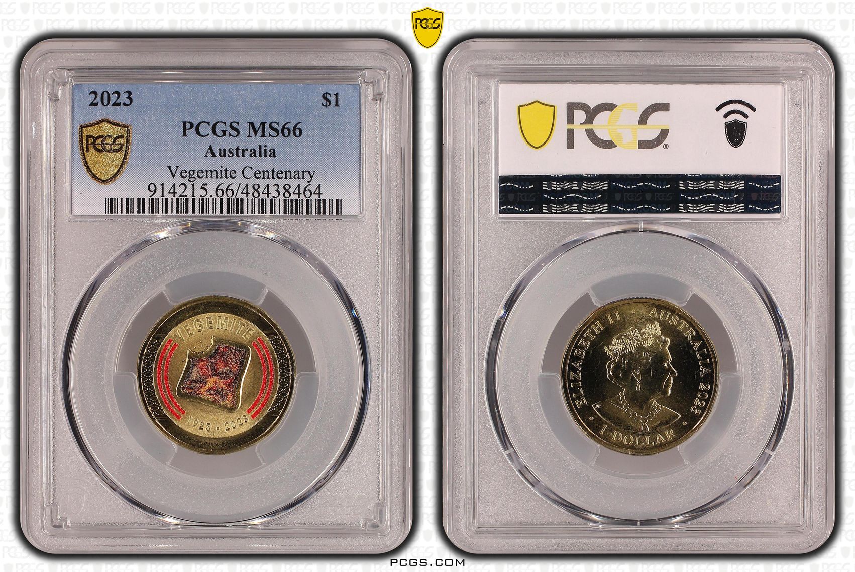 340 · Vegemite Centenary Colourised, One Dollar, 2023, PCGS MS66