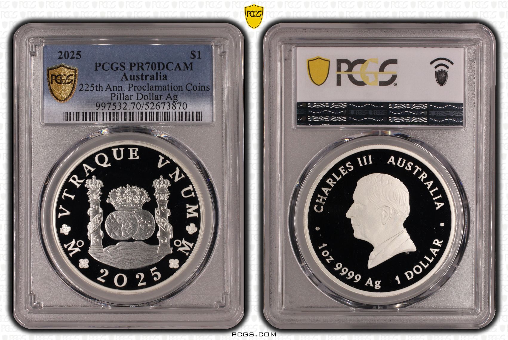 225th Ann. Proclamation Coins Pillar Dollar Silver, 6/0, One Dollar, 2025, PR70DCAM