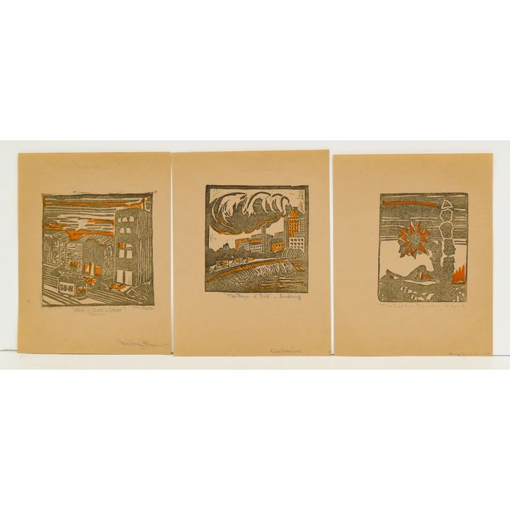 3pc WPA Era Signed Linocut Prints 11''x8.5'' Sheets.