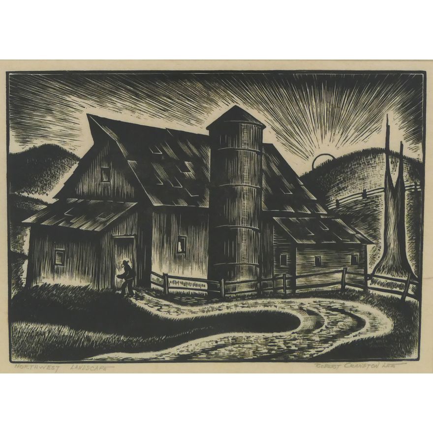 Robert Cranston Lee 'Northwest Landscape (Barn)' Wood Engraving.