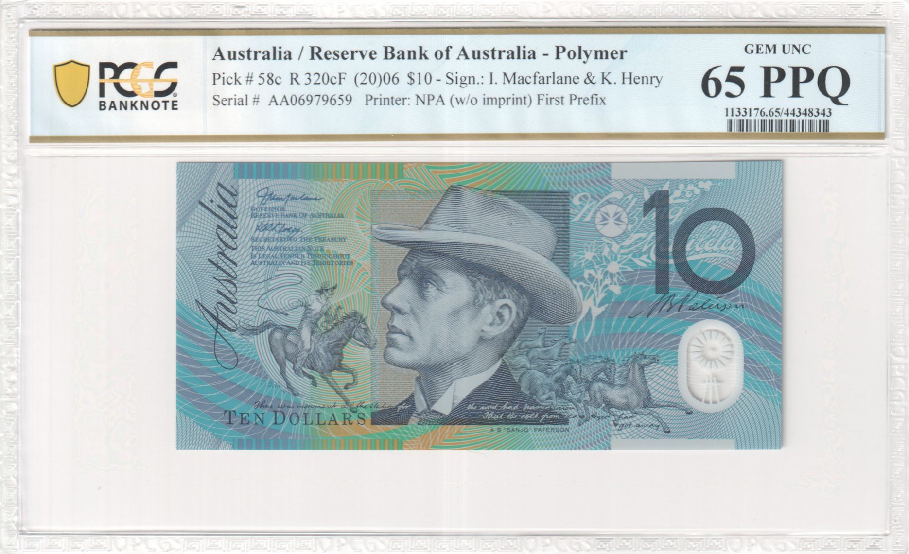 2006 $10 Macfarlane/Henry Gem Unc 65 PPQ First Prefix
