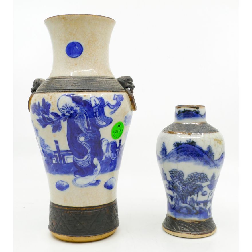 2pc Old Chinese Nanking Crackle B&W Vases 5.5'' and 9''