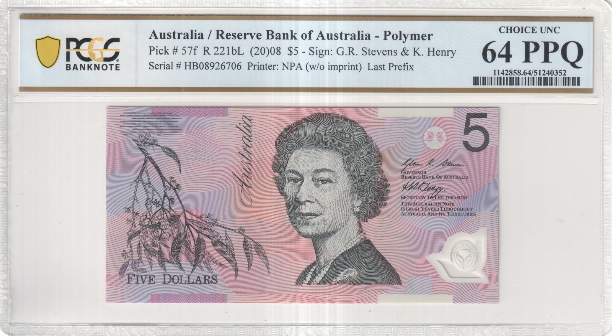 Stevens/Henry, Last Prefix, POP 6/0, Five Dollar, 2008, PCGS Choice UNC 64 PPQ