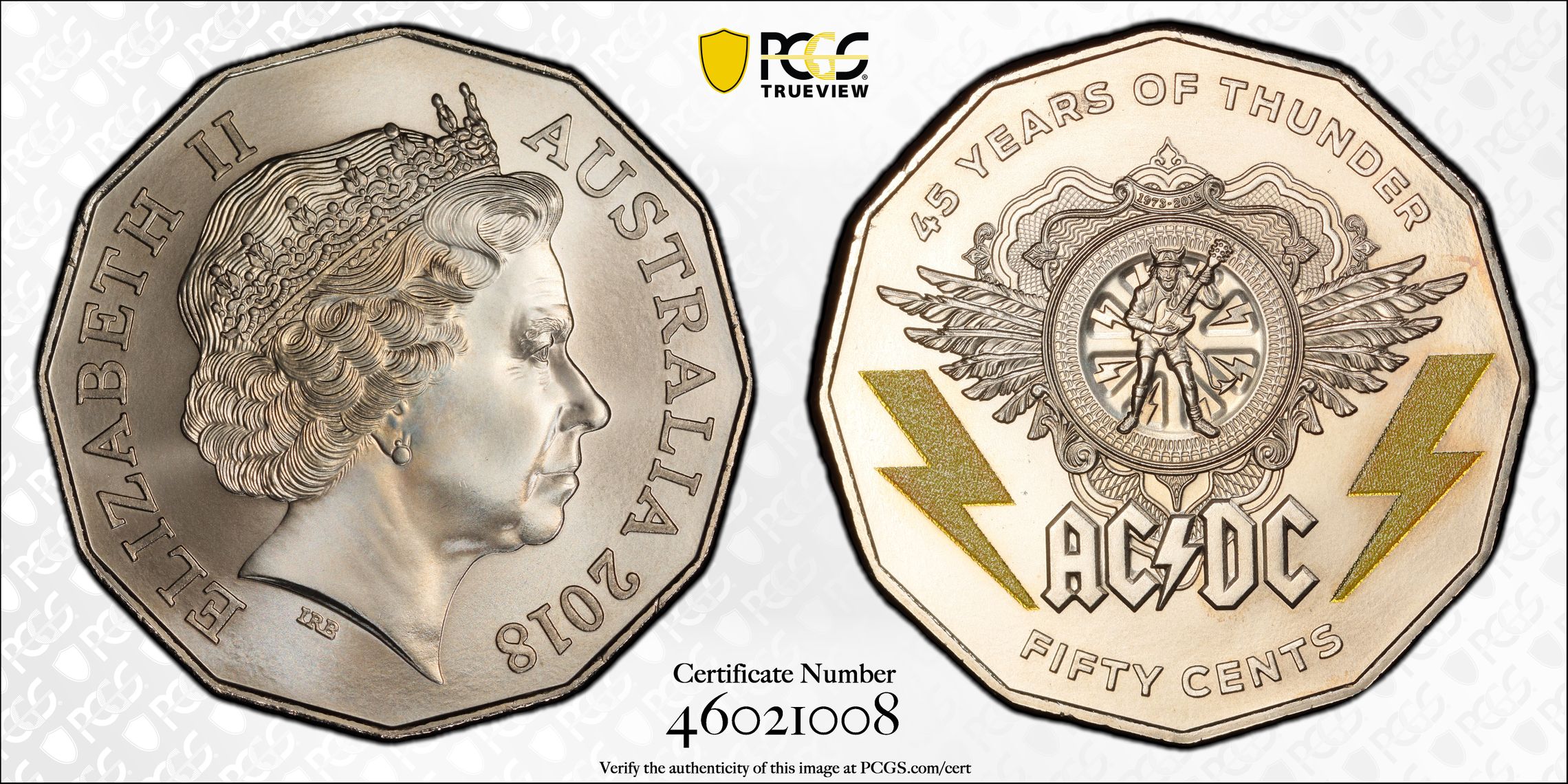 AC/DC 45 Years of Thunder, Fifty Cent, 2018, PCGS MS69