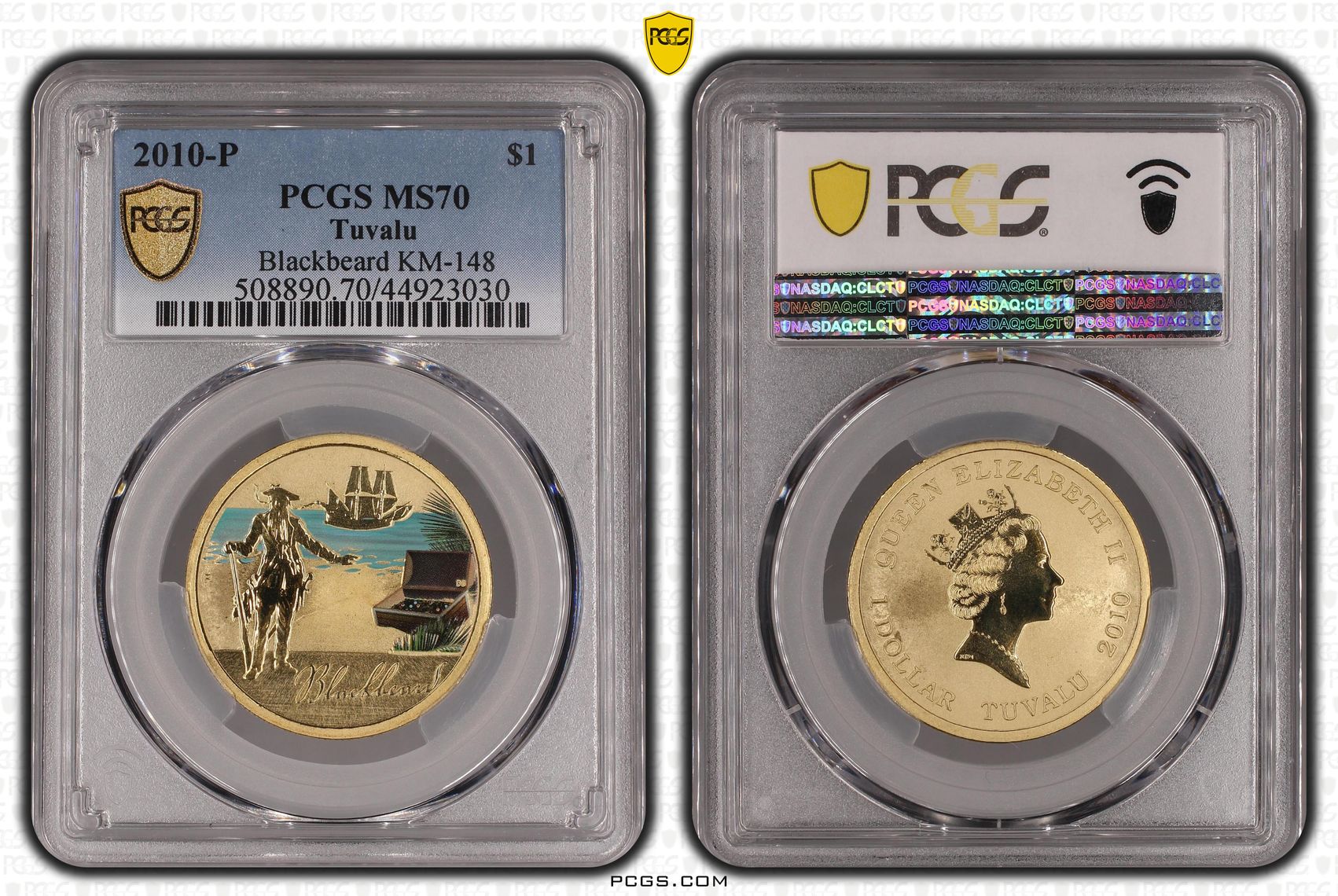 2010-P Tuvalu One Dollar, $1 Blackbeard KM-148 PCGS - MS70 POP 1/0 -030