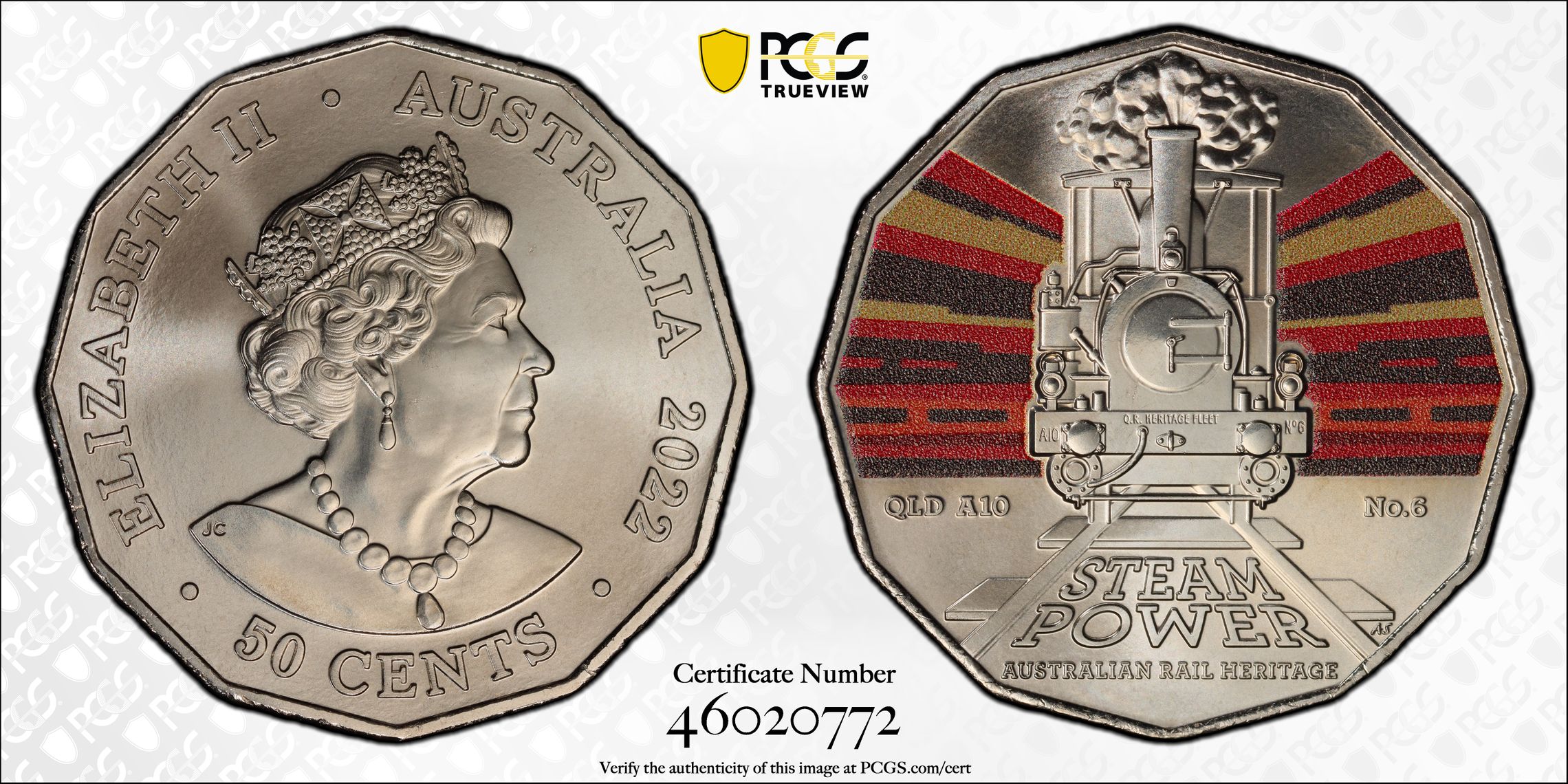Queensland Rail A10 No.6 - Australian Rail Heritage, Fifty Cent, 2022, PCGS MS69