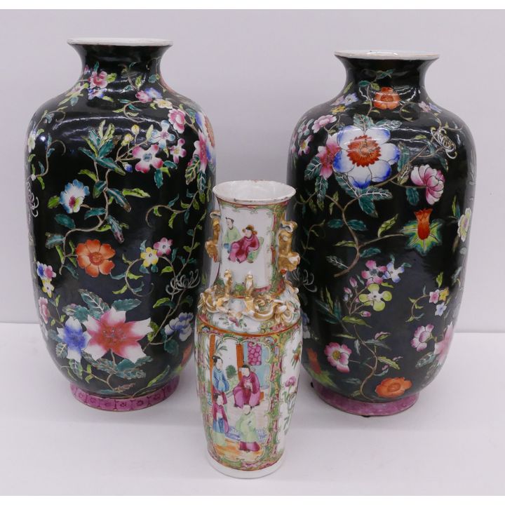 3pc Old Chinese Porcelain Vases- 9.5'' and 14'' (Pair)- smallest AS IS