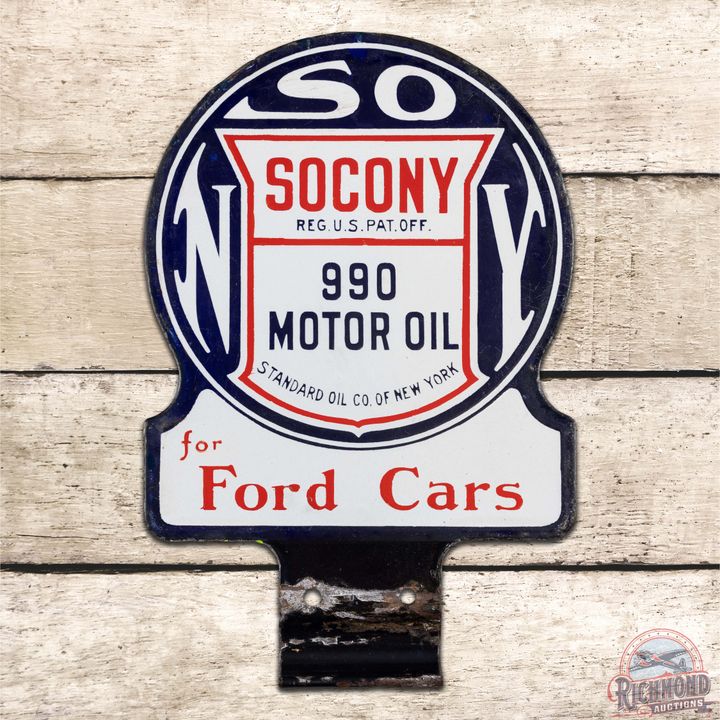 Socony 990 Motor Oil for Ford Cars Double Sided Porcelain Paddle Sign w/ Logo