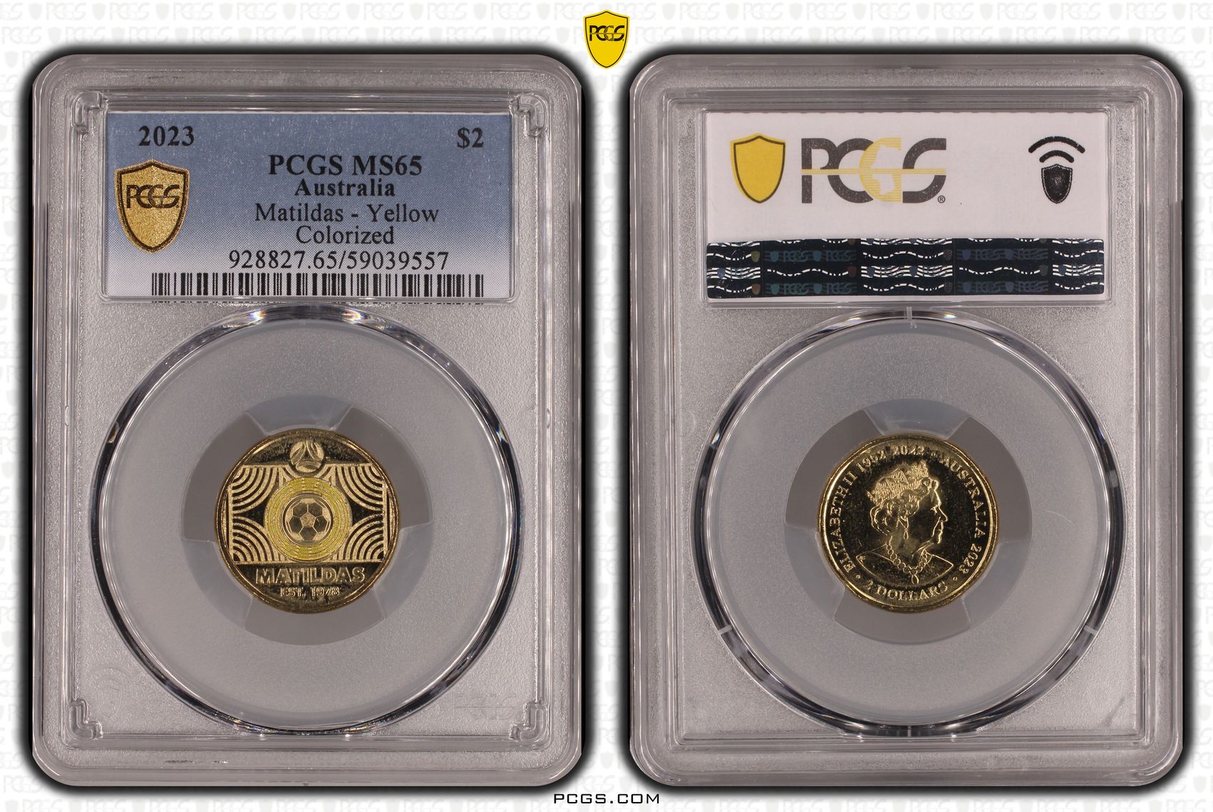 Matildas - Yellow Colorized, Two Dollar, 2023, PCGS MS65