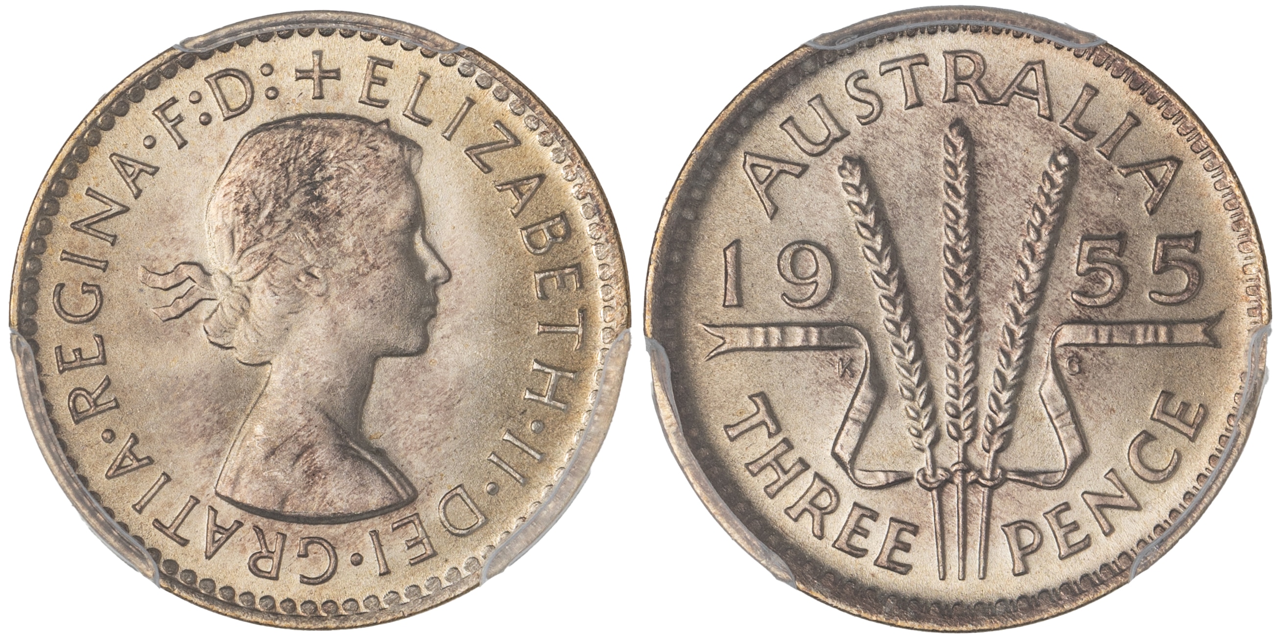 Elizabeth II, Threepence, 1955, PCGS MS66