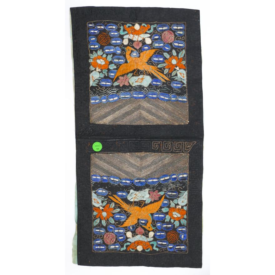 Pair Old Chinese Silk Embroidered Mandarin Squares 10''x10''
