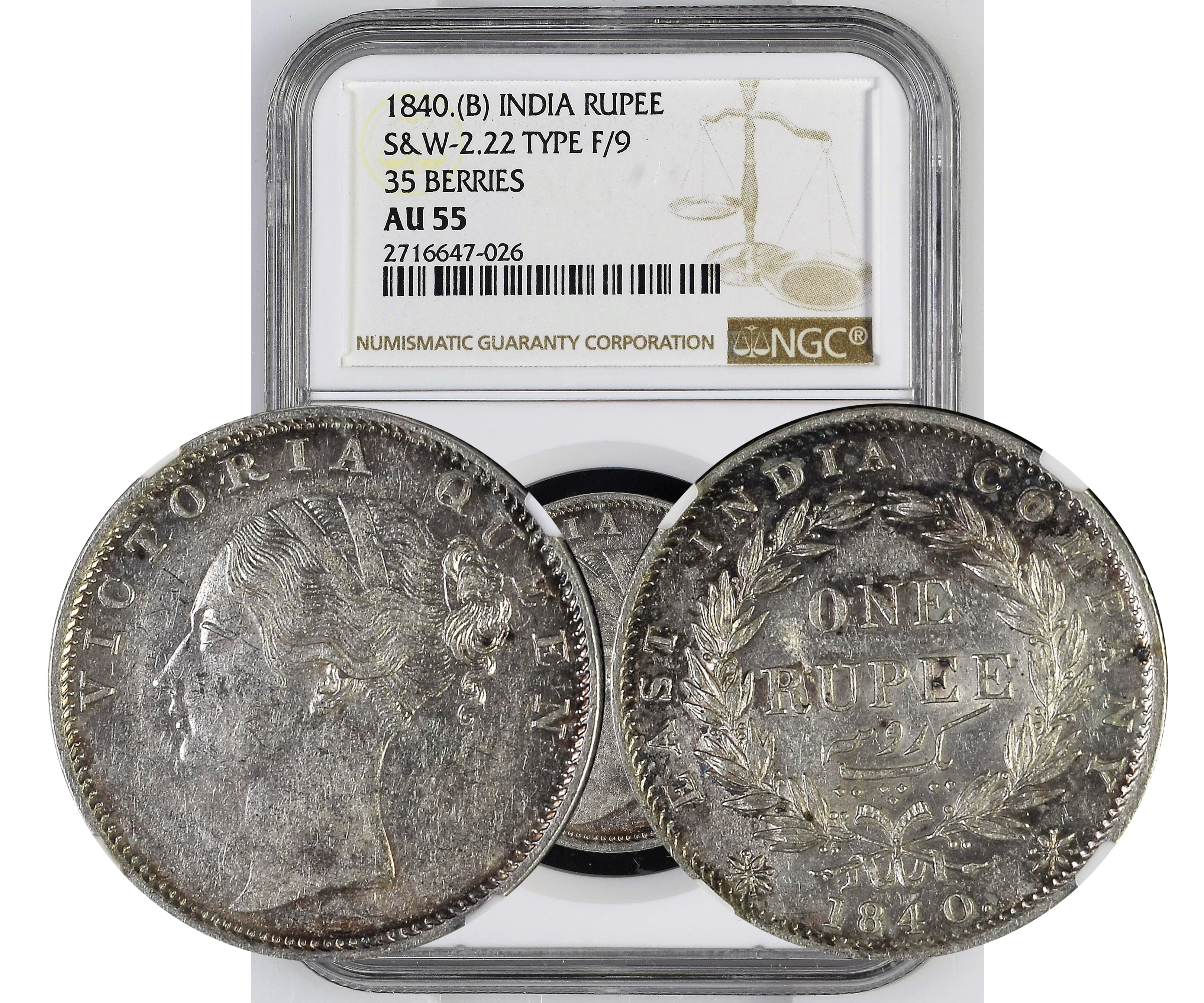 1840 B INDIA RUPEE S&W-2.22 TYPE F/9 AU55