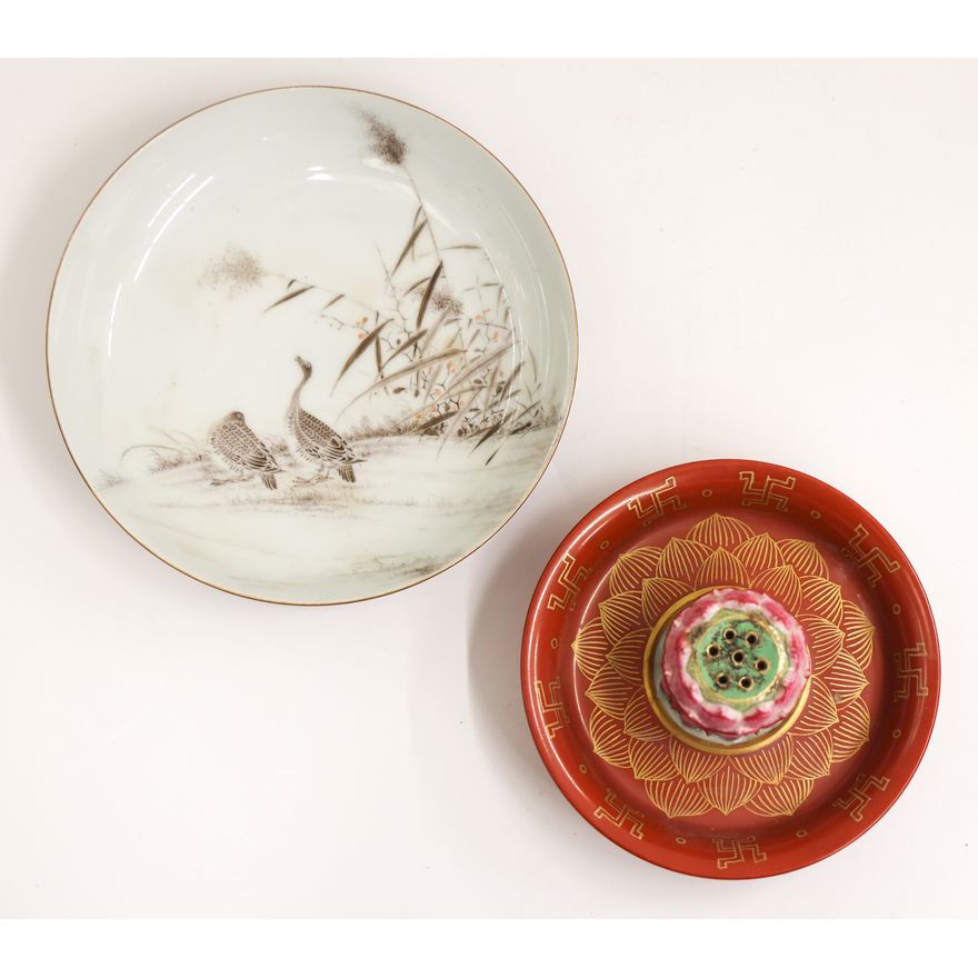 2pc Chinese Fine Porcelain Dish & Joss Stick Holder