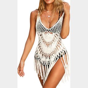 XX-LARGE EKOUAER BEACH SWIMSUIT COVER UP WOMEN CROCHET BIKINI COVERUPS SEXY SUMMER POOL SWIMWEAR TASSEL DRESS