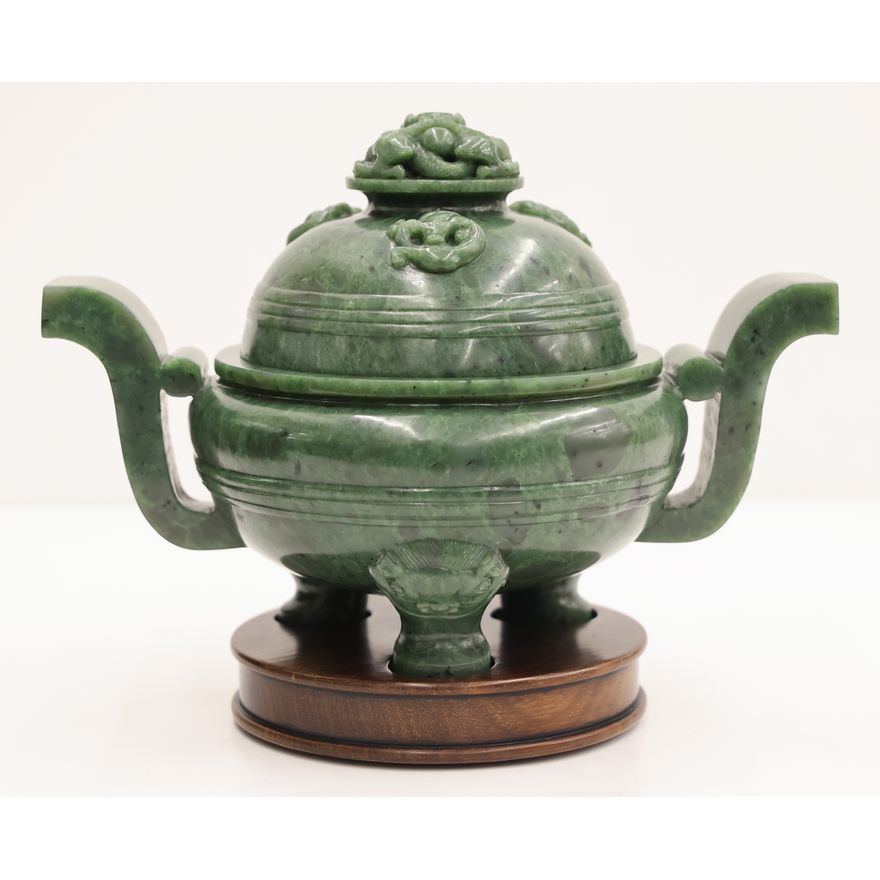 Fine Chinese Spinach Jade Dragon Censer on Stand