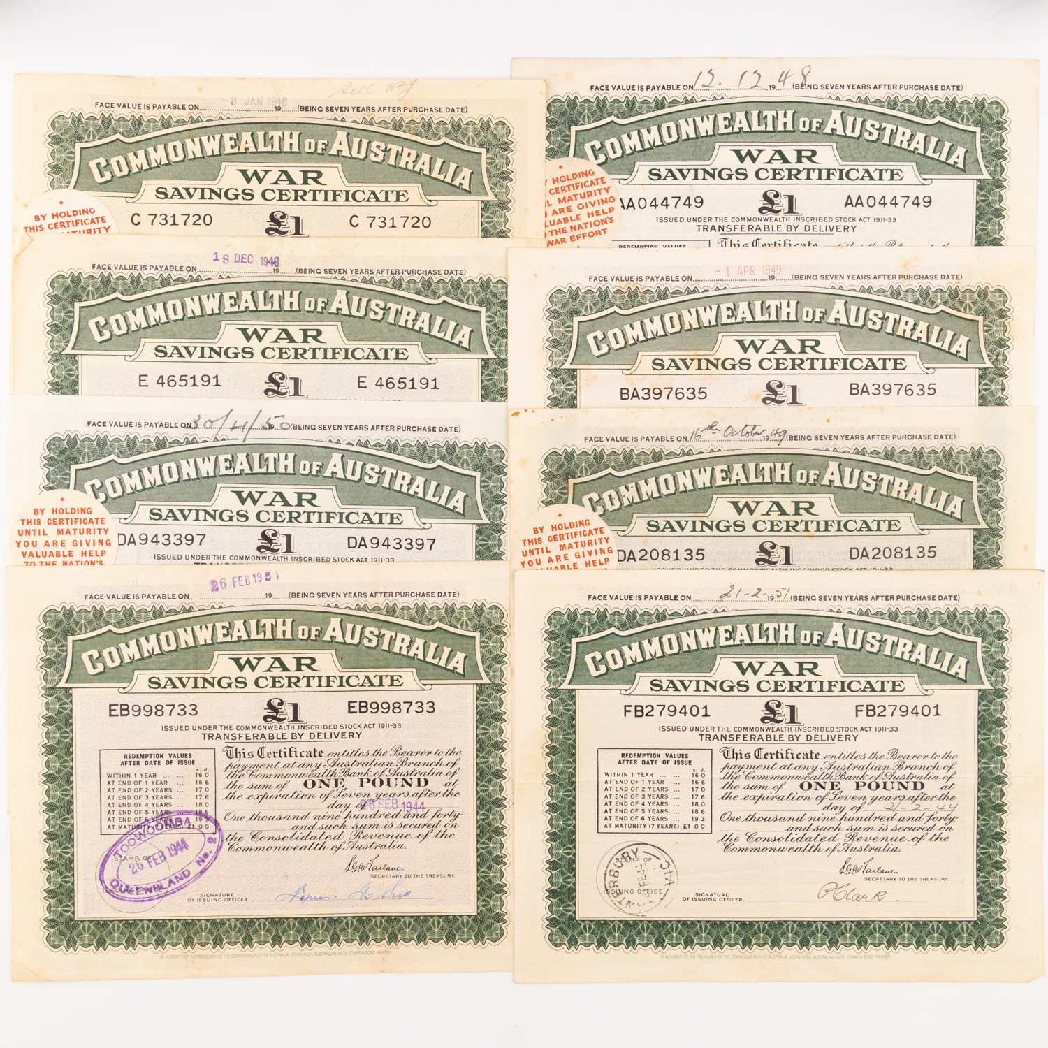 Commonwealth of Australia - War Savings Certificate, One Pound, 1948 - 1951, F - EF