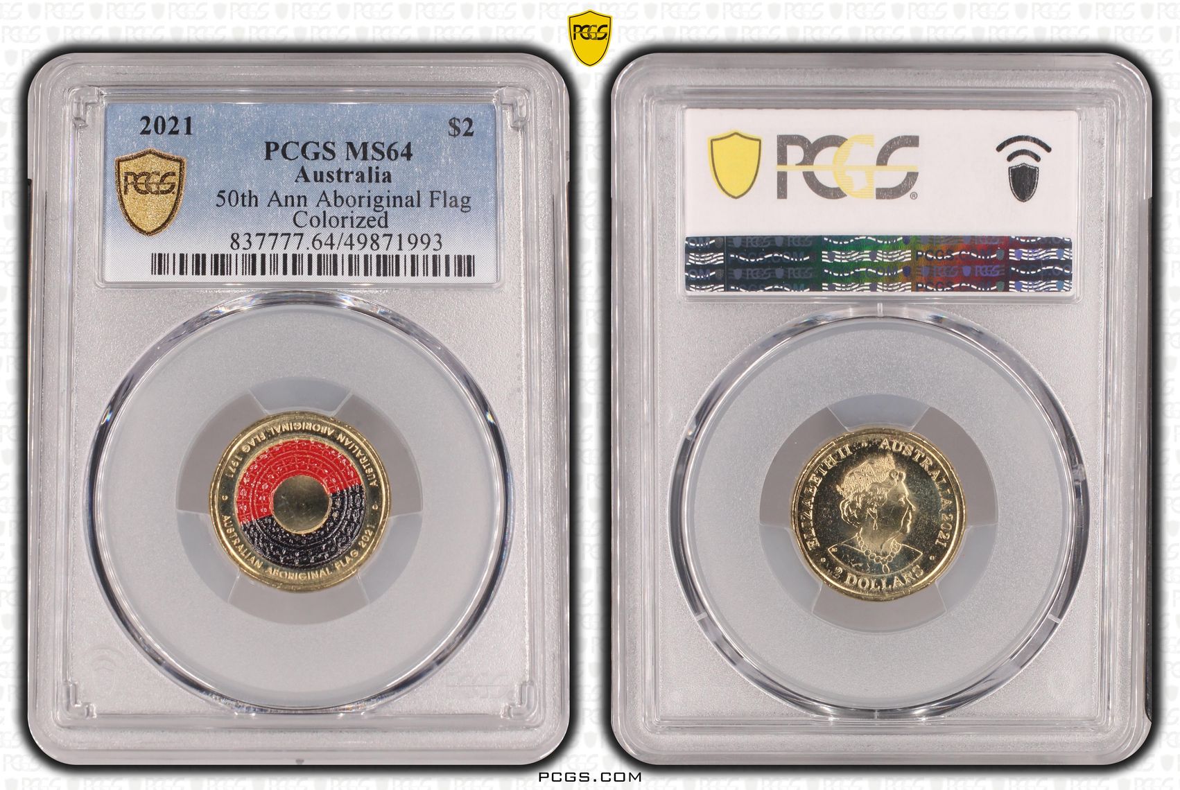 Elizabeth II, 50th Ann Aboriginal Flag Colorized , Two Dollar, 2021, PCGS MS64