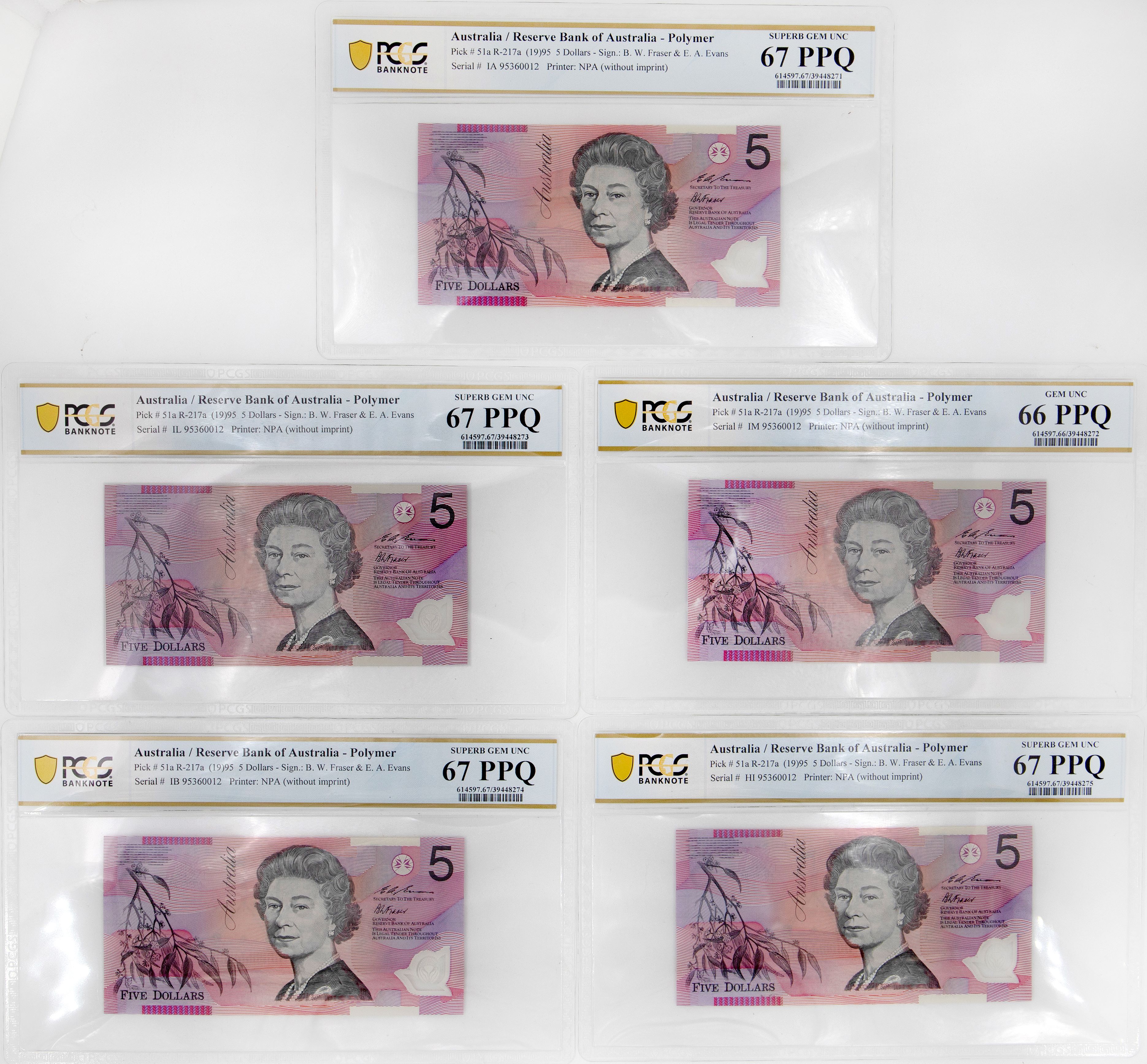 Fraser/Evans, Group of 5 Matching Serial Numbers, Five Dollar, 1995, PCGS Gem UNC 66 PPQ-Superb Gem UNC 67 PPQ