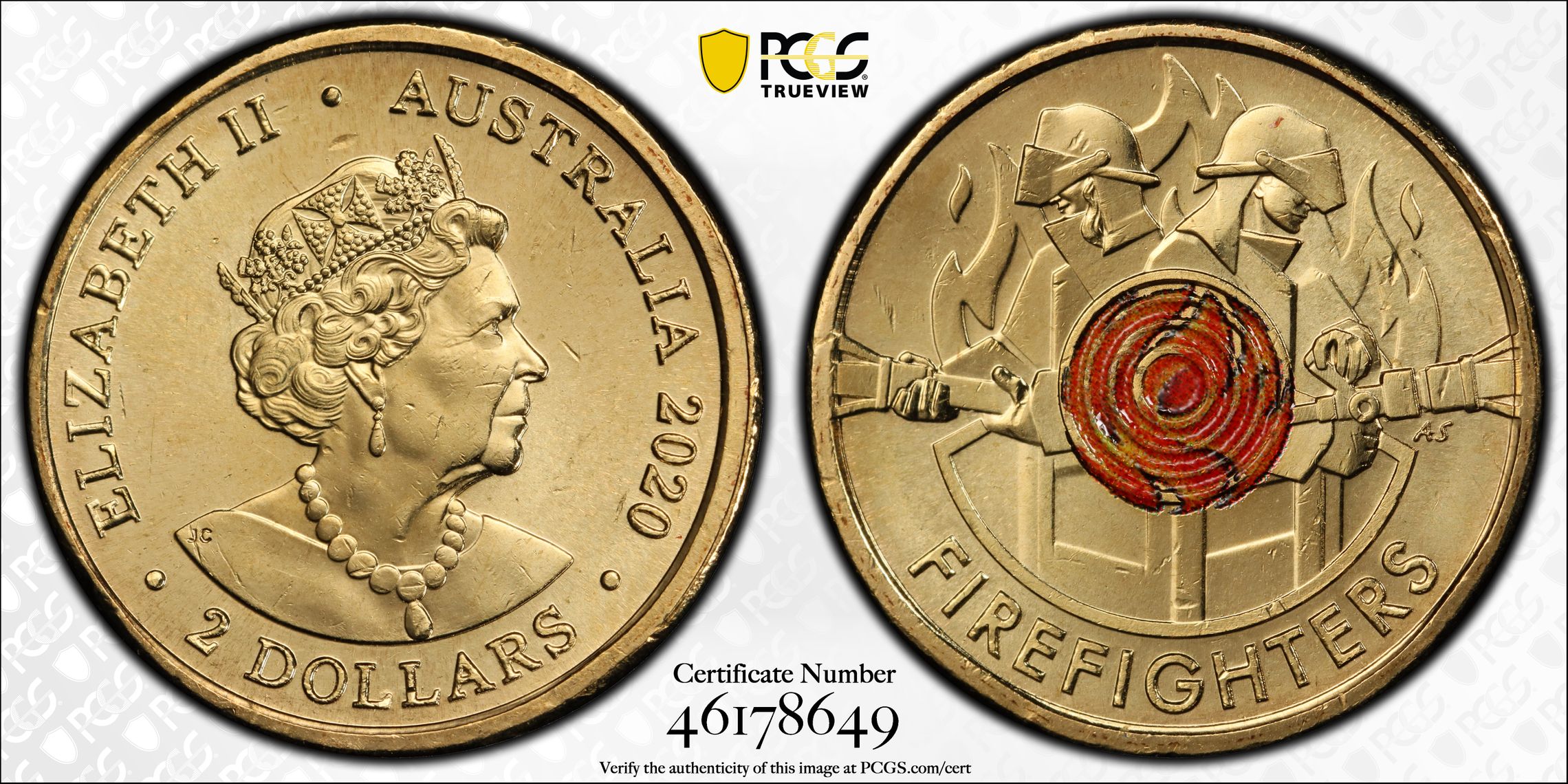 Elizabeth II, Firefighters Colorized , Two Dollar, 2020, PCGS MS65