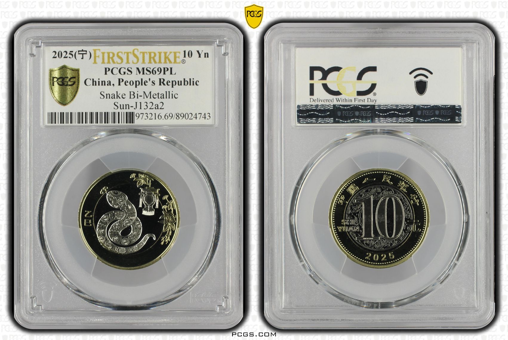 China, People's Republic, Snake Bi-Metallic Sun-J132a2, POP 18/0, Ten Yuan, 2025, PCGS MS69PL
