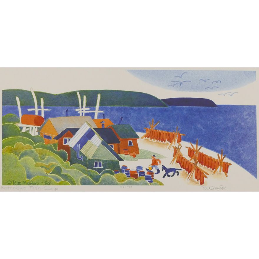 Rie Munoz ''Kotzebue Fish Camp'' 1996 Signed Print 18.25''x10.5'' Sheet.